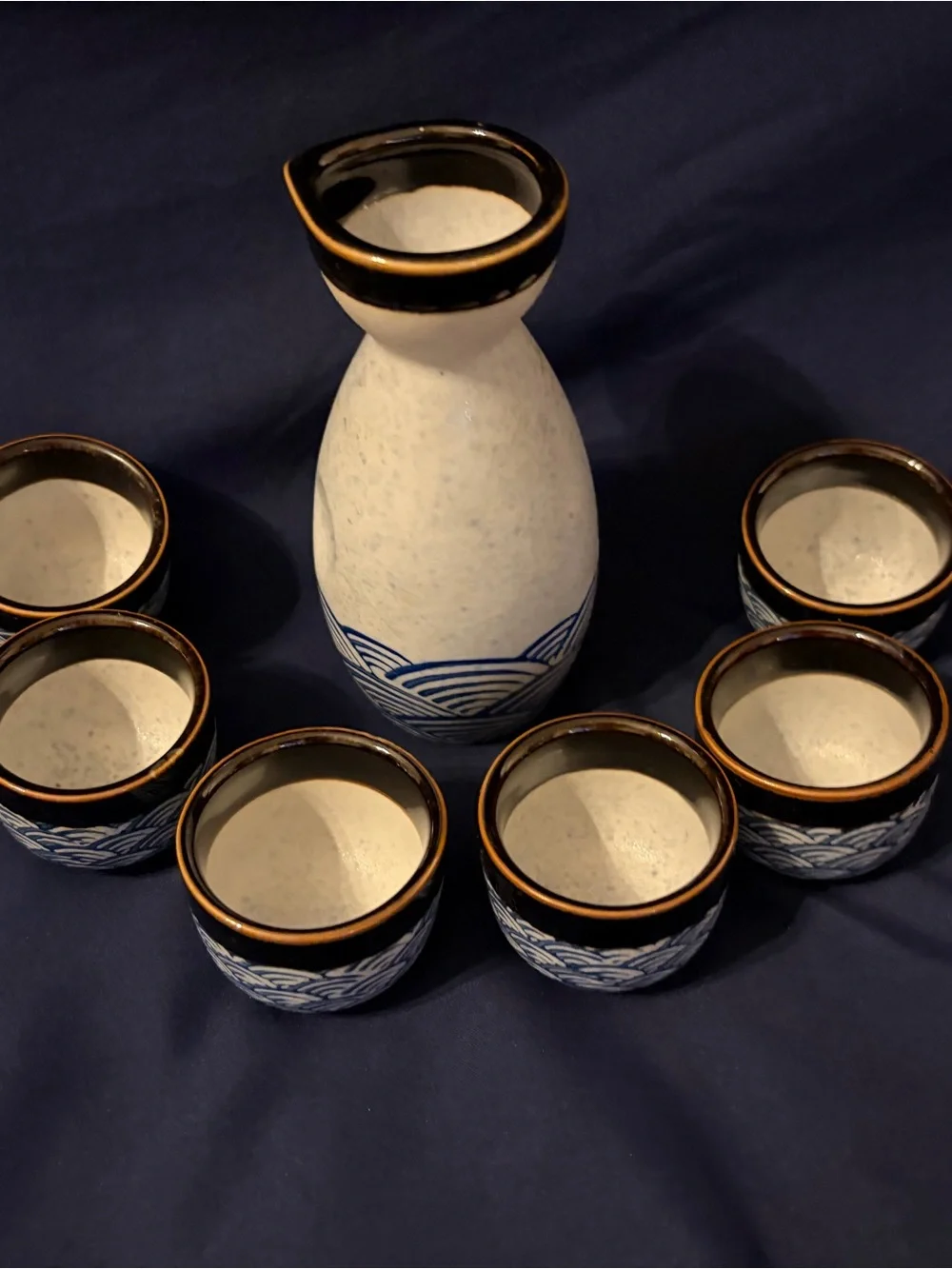 Japanese Style 7 pc Ceramic Sake Set w/Cobalt Blue Waves and Dark Trim NWOT